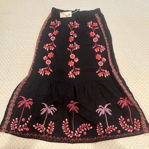 Johnny Was Black and Pink Embellished Midi Skirt Resort Wear